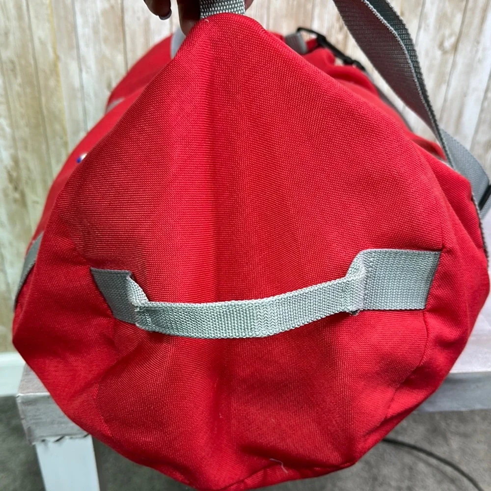 American tourister Red Duffel Bag with Gray Straps 1970s Vintage